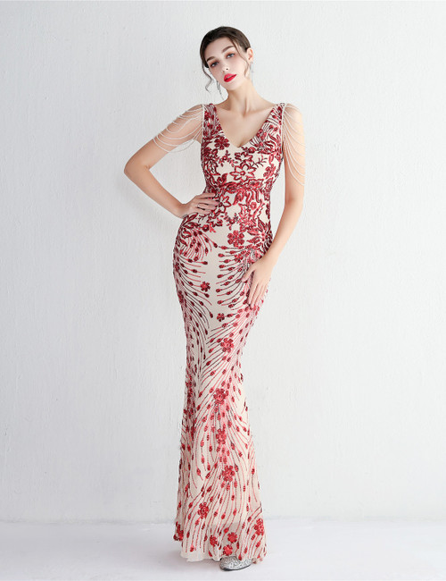 In Stock:Ship in 48 Hours Red Sequins Beading Long Party Dress