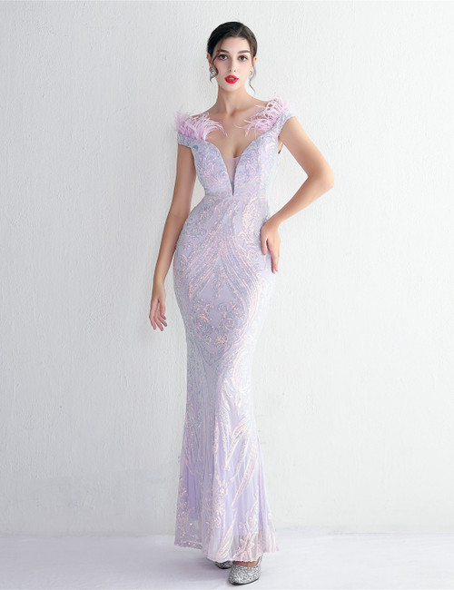 In Stock:Ship in 48 Hours Purple Sequins Off the Shoulder Feather Prom Dress