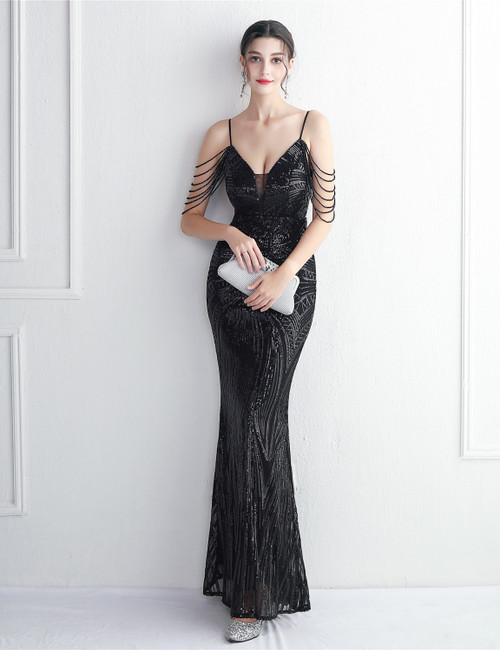 In Stock:Ship in 48 Hours Black Sequins Beading Backless Party Dress