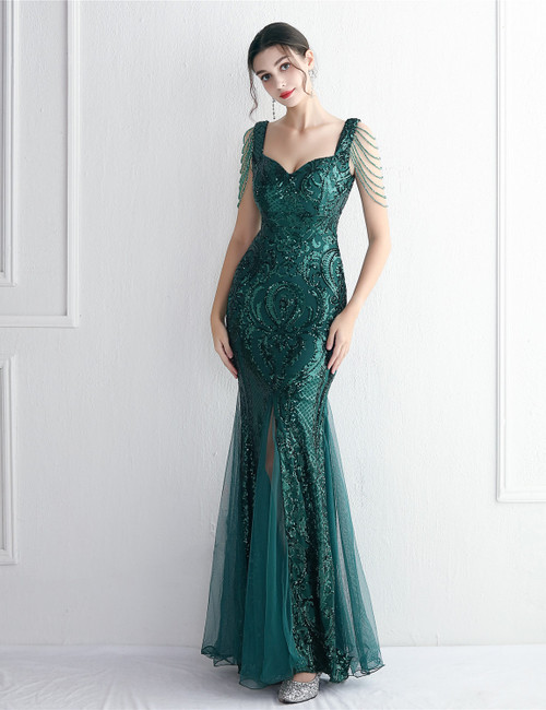 In Stock:Ship in 48 Hours Green Tulle Sequins Beading Party Dress