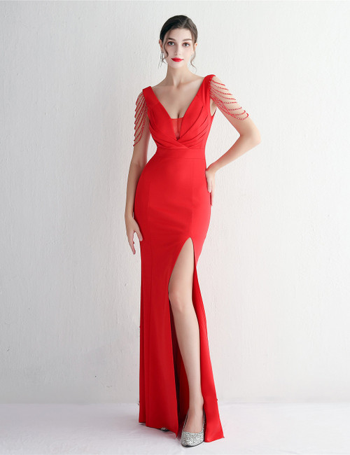 In Stock:Ship in 48 Hours Red V-neck Pleats Beading Party Dress
