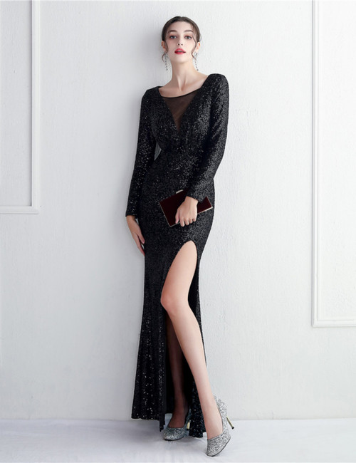 In Stock:Ship in 48 Hours Black Sequins Pleats Long Sleeve Party Dress