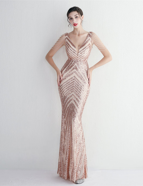 In Stock:Ship in 48 Hours Gold Sequins Beading Party Prom Dress