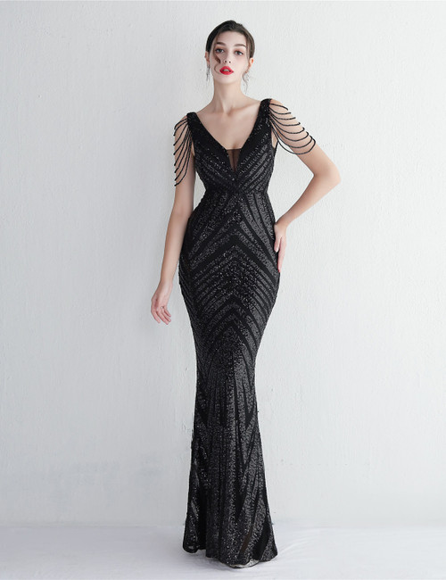 In Stock:Ship in 48 Hours Black Sequins Beading Party Prom Dress