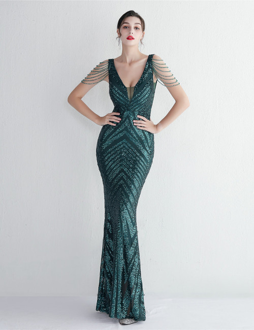 In Stock:Ship in 48 Hours Green Sequins Beading Party Prom Dress