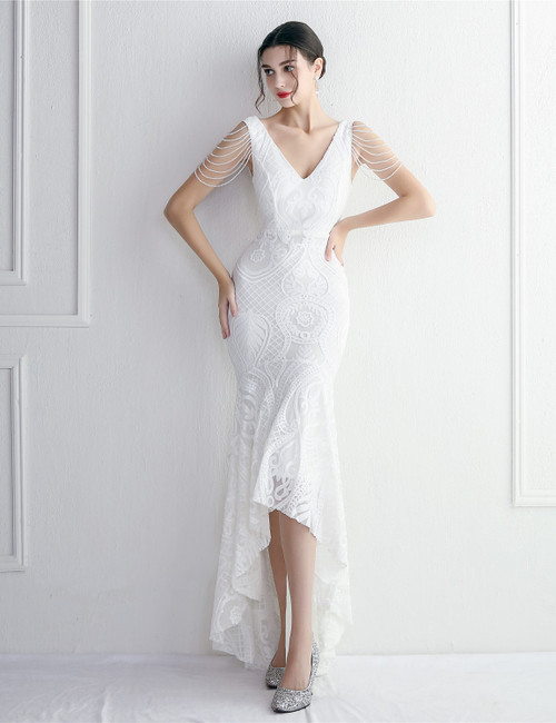 In Stock:Ship in 48 Hours White Hi Lo Sequins Beading Party Dress