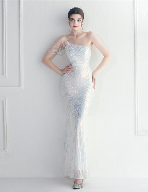 In Stock:Ship in 48 Hours White Sequins Beading Party Dress