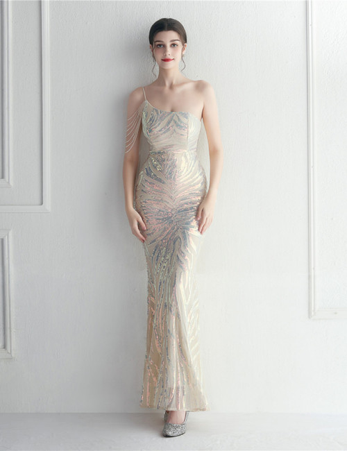 In Stock:Ship in 48 Hours Apricot Sequins One Shoulder Party Dress