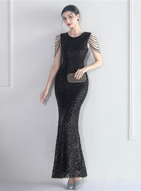 In Stock:Ship in 48 Hours Black Scoop Sequins Beading Party Dress