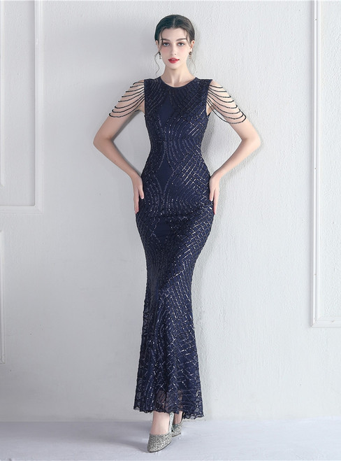 In Stock:Ship in 48 Hours Navy Blue Scoop Sequins Beading Party Dress