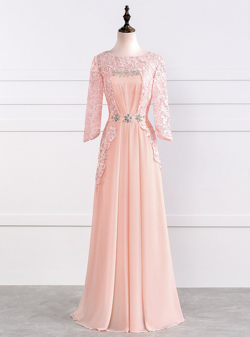 Elegant floor-length chiffon A-line mother of the bride dress with O-neck, lace cap sleeves, and crystal sash details.