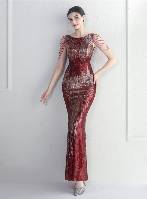 In Stock:Ship in 48 Hours Burgundy Sequins Beading Sleeveless Party Dress