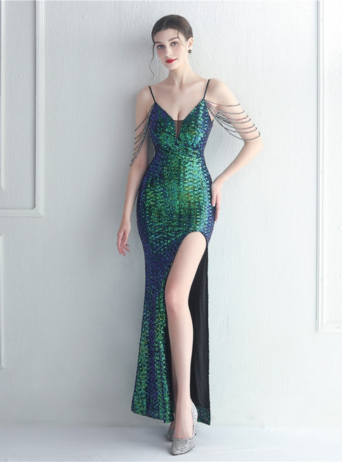 In Stock:Ship in 48 Hours Green Sequins Straps Beading Party Dress