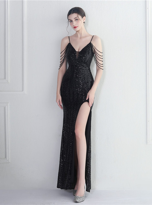 In Stock:Ship in 48 Hours Black Sequins Straps Beading Party Dress