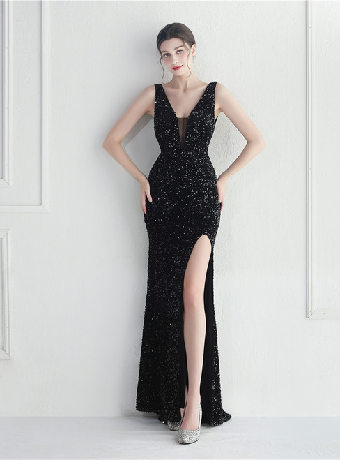 In Stock:Ship in 48 Hours Black V-neck Split Sequins Party Dress