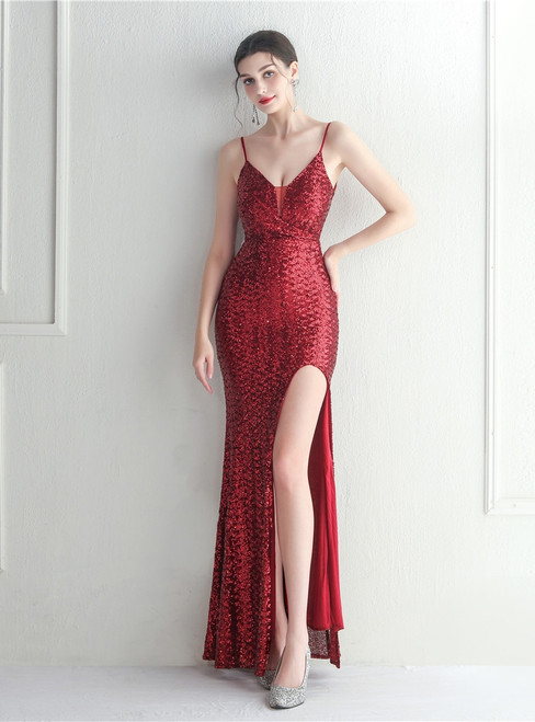 In Stock:Ship in 48 Hours Burgundy Sequins Party Club Dress