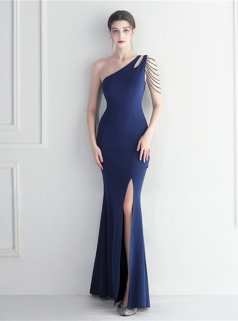 In Stock:Ship in 48 Hours Navy Blue Split One Shoulder Beading Party Dress