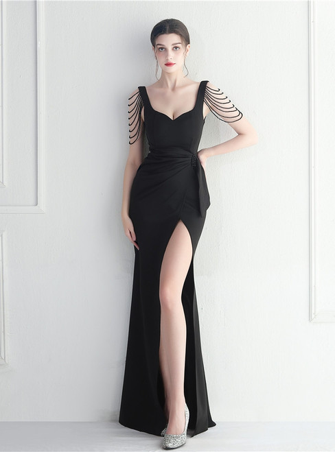 In Stock:Ship in 48 Hours Black Pleats Beading Split Party Dress