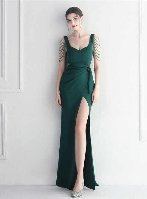 In Stock:Ship in 48 Hours Green Pleats Beading Split Party Dress