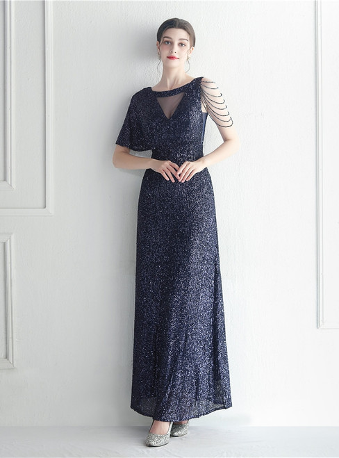 In Stock:Ship in 48 Hours Navy Blue Sequins Beading Perspective Party Dress	