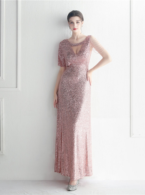 In Stock:Ship in 48 Hours Pink Sequins Beading Perspective Party Dress	