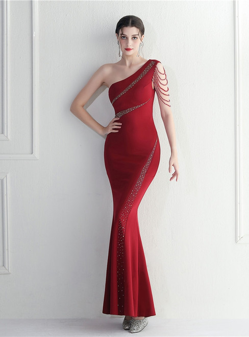 In Stock:Ship in 48 Hours Sexy Burgundy One Shoulder Beading Party Dress