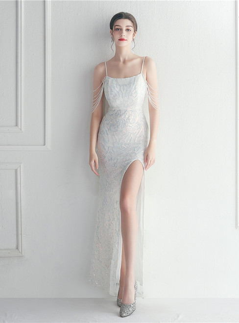 In Stock:Ship in 48 Hours White Sequins Backless Beading Party Dress