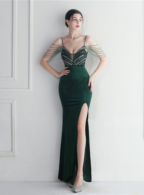 In Stock:Ship in 48 Hours Dark Green Velvet Beading Sequins Party Dress