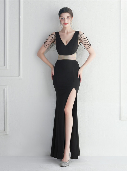 In Stock:Ship in 48 Hours Black Mermaid Deep V-neck Beading Party Dress