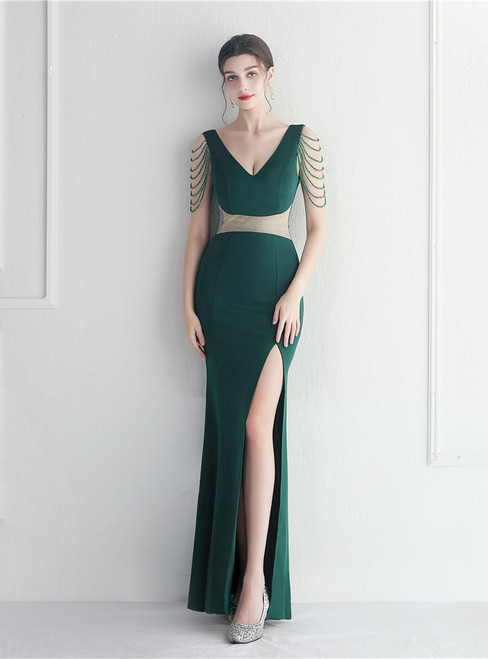 In Stock:Ship in 48 Hours Green Mermaid Deep V-neck Beading Party Dress