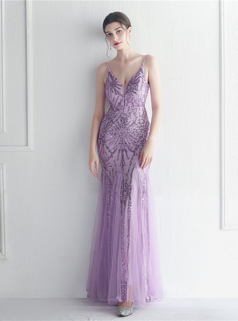 In Stock:Ship in 48 Hours Purple Tulle Sequins Backless Party Dress