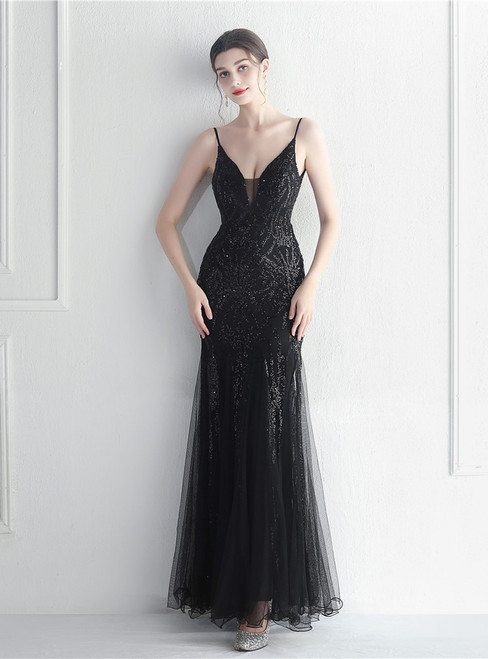 In Stock:Ship in 48 Hours Black Tulle Sequins Backless Party Dress