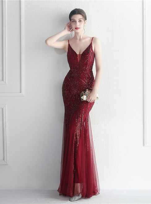 In Stock:Ship in 48 Hours Burgundy Tulle Sequins Backless Party Dress