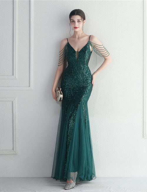 In Stock:Ship in 48 Hours Sexy Green Tulle Sequins Beading Party Dress