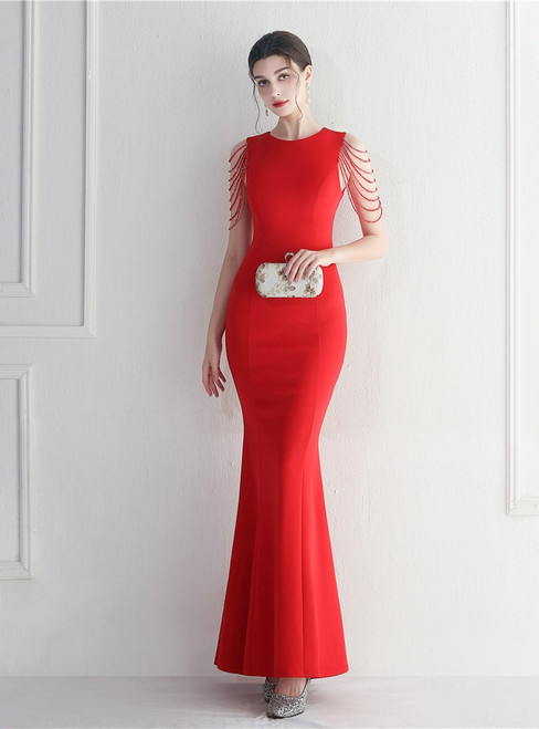 In Stock:Ship in 48 Hours Red Scoop Mermaid Beading Party Dress