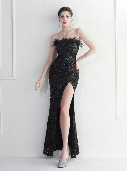 In Stock:Ship in 48 Hours Black Sequins Feather Party Dress