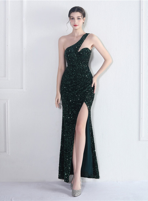 In Stock:Ship in 48 Hours Dark Green Sequins Pleats One Shoulder Party Dress