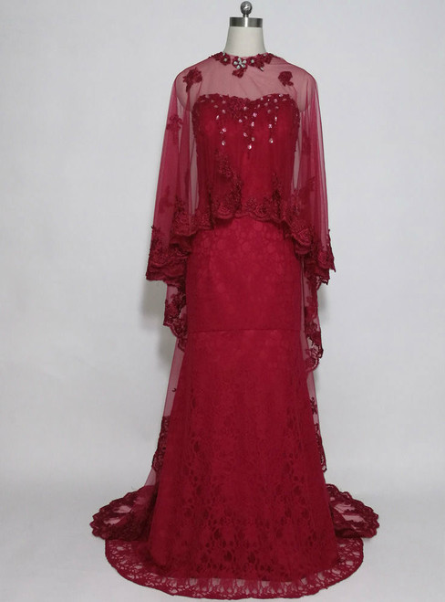 Casual Burgundy Lace Crystals Mermaid Long Mother of the Bride Dresses