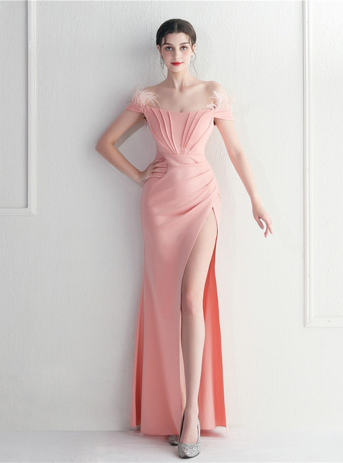 In Stock:Ship in 48 Hours Pink Off the Shoulder Feather Party Dress