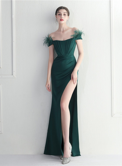 In Stock:Ship in 48 Hours Green Off the Shoulder Feather Party Dress