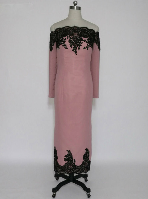 Amazing Pink Black Lace Long Sleeves Mother of the Bride Dresses Off the Shoulder