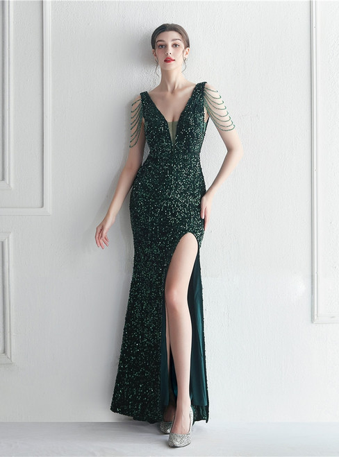 In Stock:Ship in 48 Hours Green Mesh Perspective V-neck Beading Party Dress