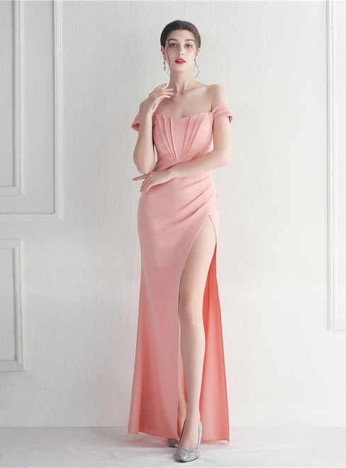 In Stock:Ship in 48 Hours Pink Mermaid Pleats Split Party Dress