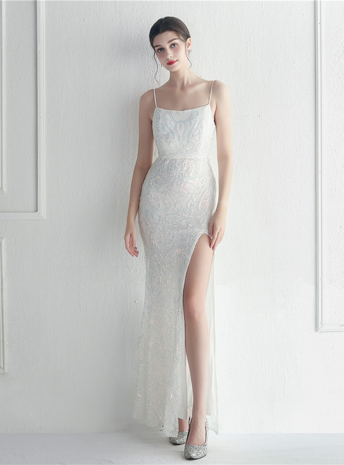 In Stock:Ship in 48 Hours White Sequins Backless Beading Split Party Dress