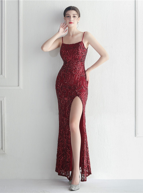 In Stock:Ship in 48 Hours Burgundy Sequins Backless Beading Split Party Dress