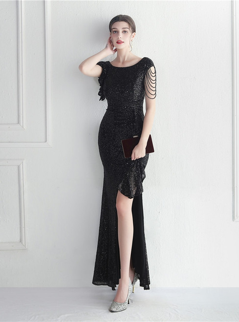 In Stock:Ship in 48 Hours Black Sequins Cap Sleeve Party Dress