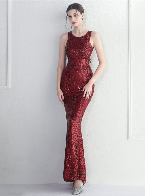 In Stock:Ship in 48 Hours Burgundy Mermaid Sequins Backless Beading Party Dress