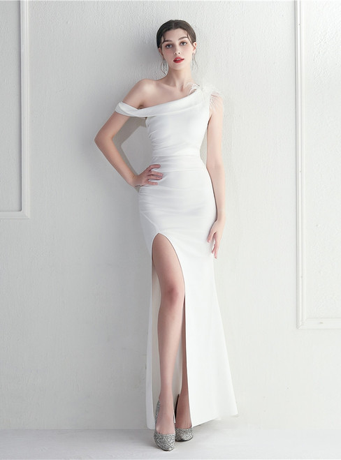 In Stock:Ship in 48 Hours White One Shoulder Feather Party Dress