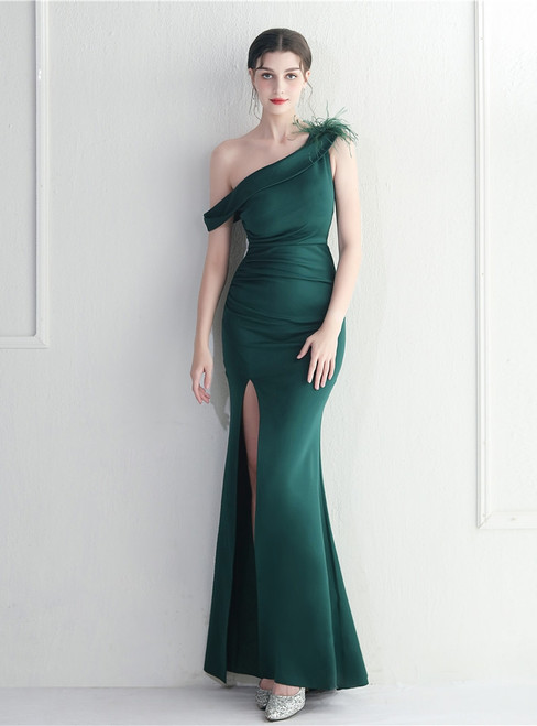In Stock:Ship in 48 Hours Dark Green One Shoulder Feather Party Dress