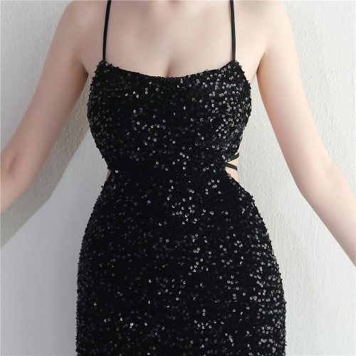 30116 Black Sequins Strap Dress